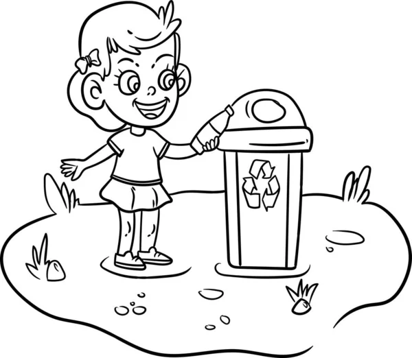 未使用のペットボトルをゴミ箱に投げ込んでいる女の子 子供のためのぬりえ本 — ストック写真