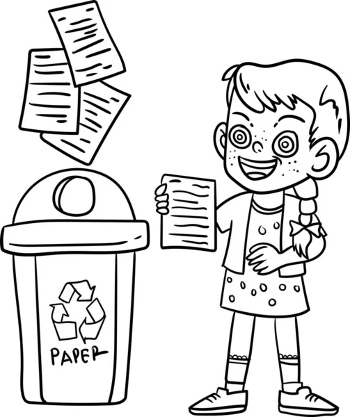 Dívka Házení Nepoužitý Papír Koše Recyklaci Omalovánky Pro Děti — Stock fotografie
