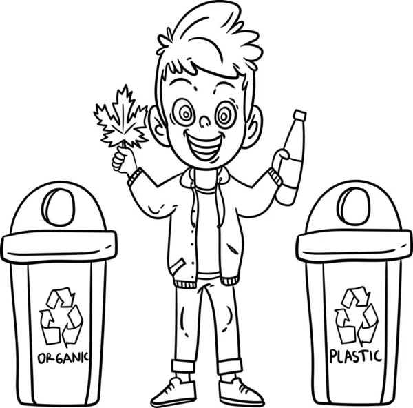 Küçük çocuk organik ve inorganik çöpleri geri dönüşüm için plastik torbayla çöp kutusuna atıyor (Çocuklar için boyama kitabı))