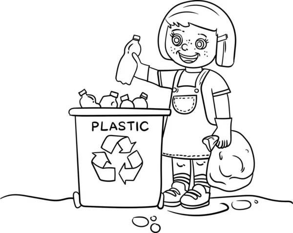Malá Holka Vždy Hodí Plastovou Láhev Koše Recyklaci Omalovánky Pro Stock Obrázky