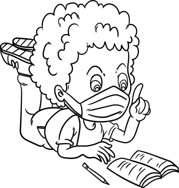 子供向けのぬり絵 公立図書館で本を読みながらマスクをした少年 — ストック写真