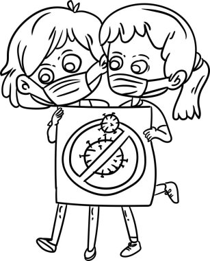 Çocuklar için boyama kitabı. Küçük kızlar maske takıyor ve insanlara korona virüsünü haber vermek için tabela tutuyorlar.