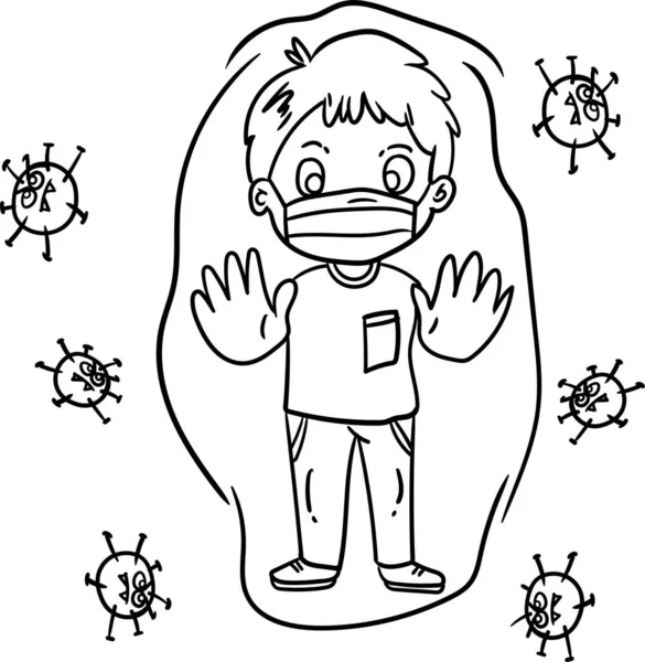 子供のためのぬり絵 コロナウイルスから保護するためのマスクを身に着けている小さな男の子 — ストック写真