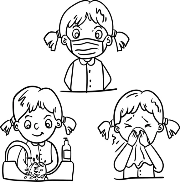 Coloring book for Kids. Little girl washing hands, wearing masks, and cover nose when sneeze