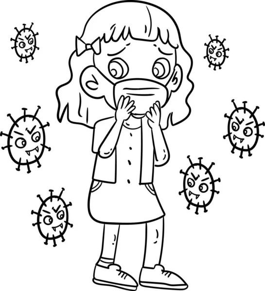 Coloring Book Kids Little Girl Looks Worried Wearing Mask Public — Stock Photo, Image