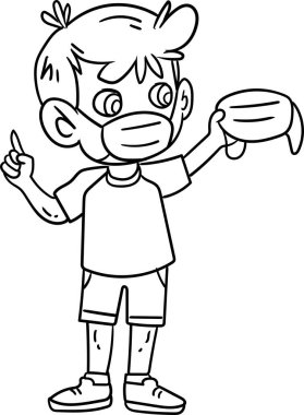 Çocuklar için boyama kitabı. Küçük çocuk ve kız herkesi koronavirüslerden korumak için bedava maske veriyorlar.