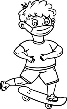 Çocuklar için boyama kitabı. Küçük çocuk kaykaya biniyor ve maske takıyor.