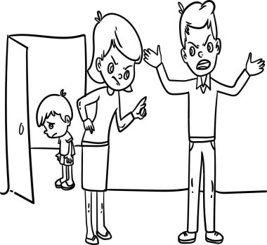 Çocuklar için boyama kitabı. Aile içi şiddet. Aileler kavga eder, çocuklar ağlar ve yorulur.