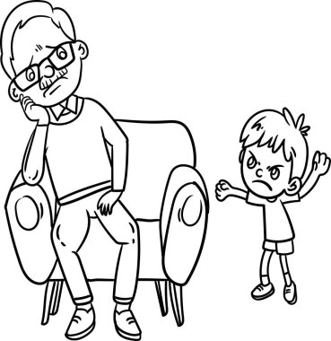 Çocuklar için boyama kitabı. Aile içi şiddet. Küçük çocuk büyükbabaya bağırıyor.