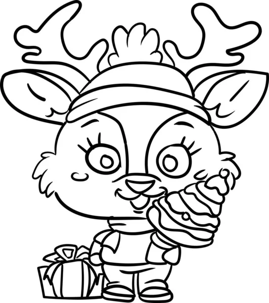 Coloring book for Kids. Christmas edition. Cute reindeer wearing Christmas hat holding a pine tree