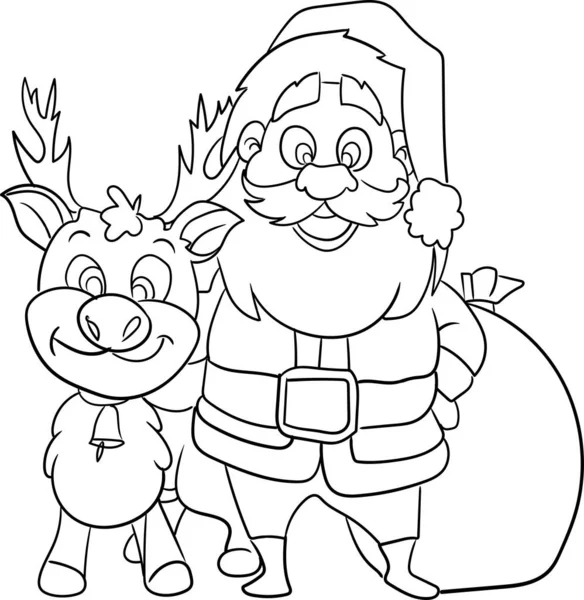Coloring book for Kids. Christmas edition. Cute reindeer wearing Christmas hat and ready to help Santa deliver present on Christmas eve