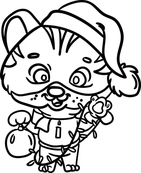 Coloring book for Kids. Christmas edition. Baby tiger wearing Christmas hat and holding Christmas ornament