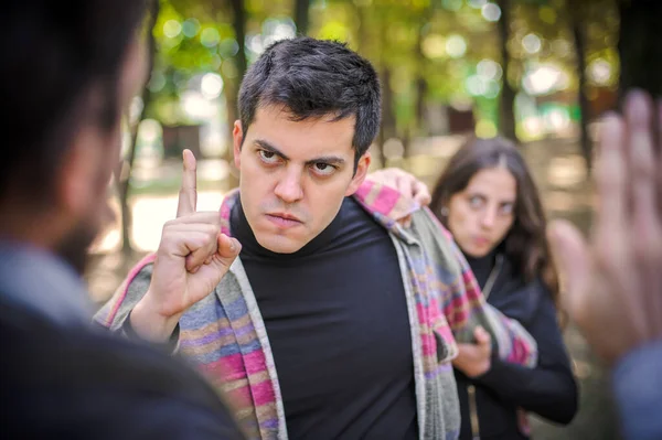 Two Aggressive Angry Nervous Upset Men Quarrel Woman Who Trying — Stock Photo, Image