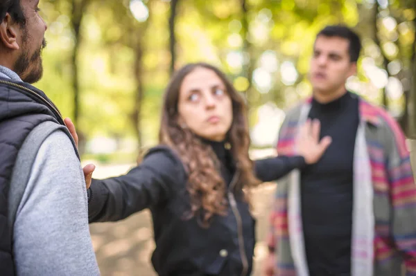 Woman Tries Separate Two Aggressive Angry Nervous Upset Men Quarrel — Stock Photo, Image