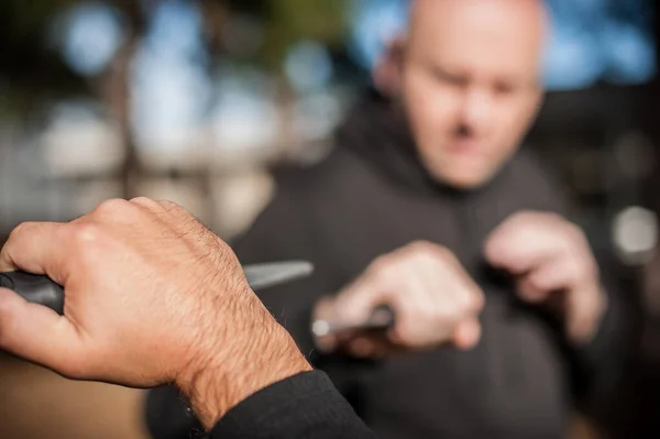 Knife Knife Fight Kapap Instructors Demonstrates Sombrada Drill Training Method — Stock Photo, Image