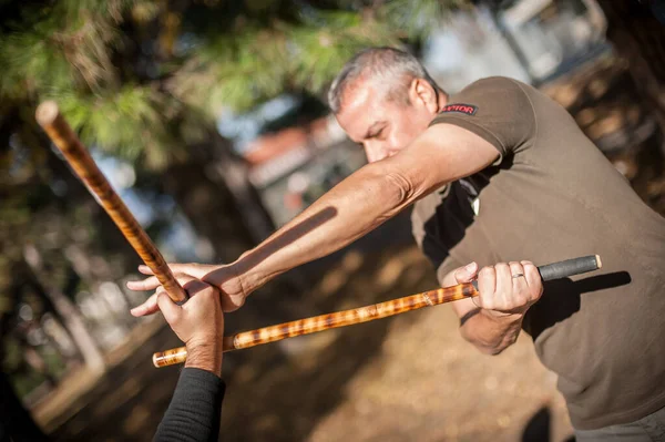 Escrima Kapap Instructeur Demonstreert Stokken Vechttechnieken Trainingsmethoden Het Openbaar Park — Stockfoto