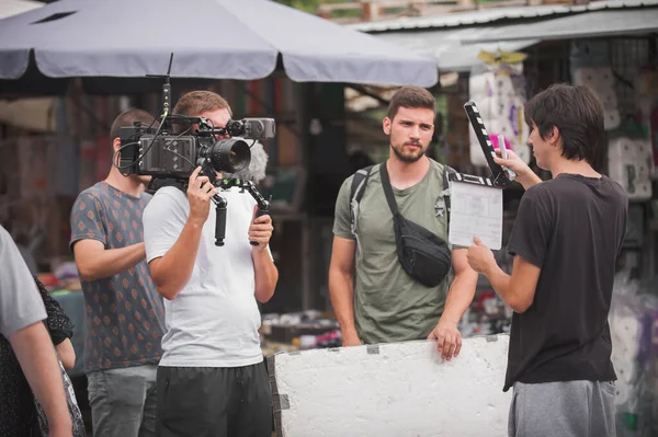 Nos Bastidores Equipe Filmagem Filmando Cena Filme Local Livre Grupo — Fotografia de Stock