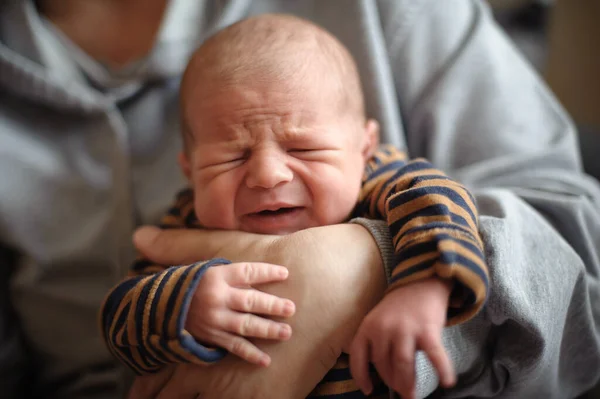 Sweet Cute Small Little Newborn Baby Hungry Upset Cry Strongly — Stock Photo, Image