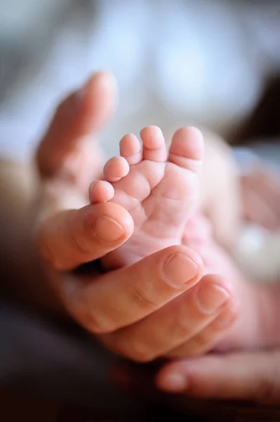 Close-up detail of mother holding cute and soft baby small leg in her hands. Macro abstract view of sweet baby foot fingers. Soft child skin feet. Love and family emotion