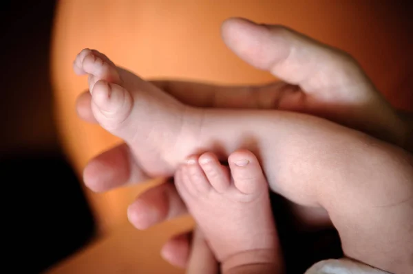 Close Detail Mother Holding Cute Soft Baby Small Leg Her — Stockfoto