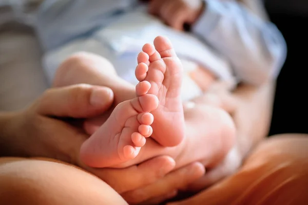 Close Detail Mother Holding Cute Soft Baby Small Leg Her — Stockfoto