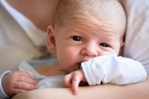 Close Detail Portrait Mother Holding Cute Little Peaceful Newborn Baby — Stock Photo, Image