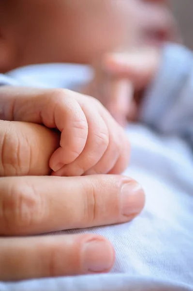 Zbliżenie Makro Widok Dziecka Trzymającego Palec Mamy Jego Małą Rączką — Zdjęcie stockowe