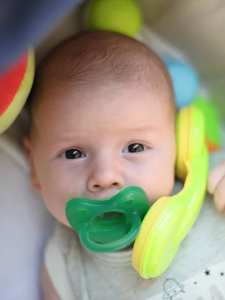 Funny Baby Boy Talking Using Toy Telephone Headset Carriage Many — Stockfoto