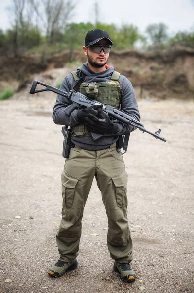 Army Soldier Shooting Rifle Machine Gun Forest Nature Outdoor Military — Stock Photo, Image