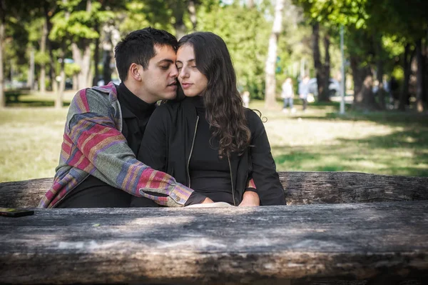 Tenderly Cheerful Romantic Couple Hugging Enjoying Love Nature Outdoor Love — Foto de Stock