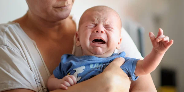 Sweet Cute Small Little Newborn Baby Hungry Upset Cry Strongly — Stock Photo, Image