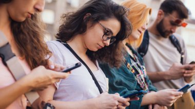 Concept of youth, millennial generation, social network, people's dependence on new technological trend