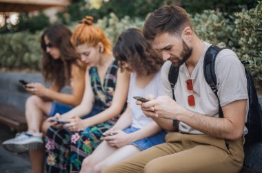 Concept of youth, millennial generation, social network, people's dependence on new technological trend. Modern way of life