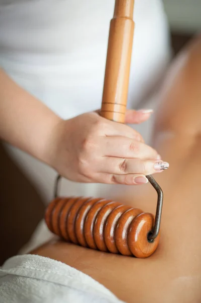 Close Maderotherapy Anticellulite Therapy Wooden Rolling Pin Which Presses Oiled — Photo