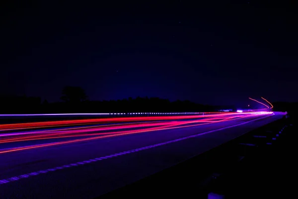 Luces Carretera Nocturnas Luces Coches Movimiento Por Noche Larga Exposición — Foto de Stock