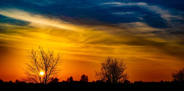 Atardecer Panorama Cielo Puesta Sol Sobre Bosque Polonia — Foto de Stock