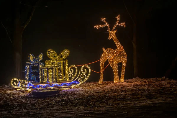 Glowing Reindeer Sleigh Dark Christmas Decorations — Stock Photo, Image