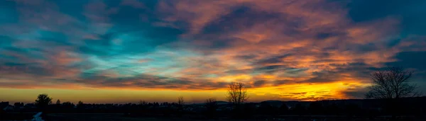 Coucher Soleil Panorama Ciel Coucher Soleil Sur Une Forêt Pologne — Photo