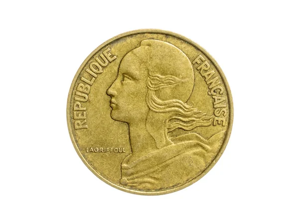 France Twenty Centimes Coin White Isolated Background — Stock Photo, Image