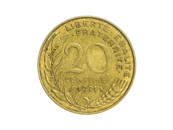 Frankrike Tjugo Centimes Mynt Vit Isolerad Bakgrund — Stockfoto