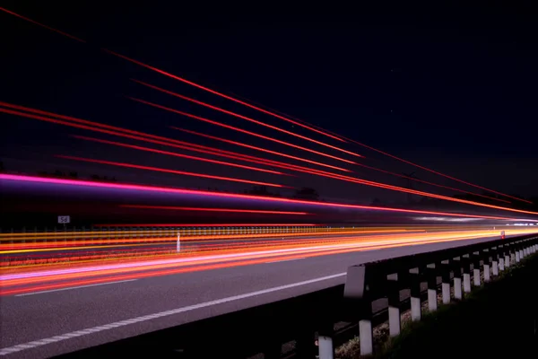 Luces Coches Con Noche Larga Exposición Líneas Luz — Foto de Stock