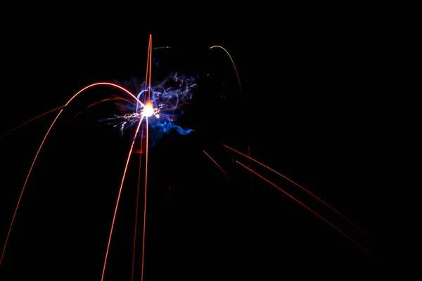 Electric Short Circuit Sparks Spatter Glowing Lines Black Background — Photo