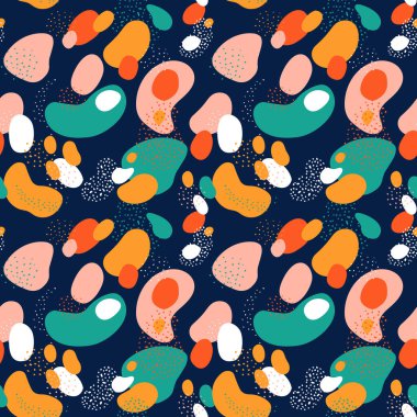 Kusursuz desenli soyut şekiller koyu mavi üzerinde renk