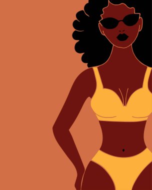 Afro-Amerikan kız kahverengi önlüklü sarı bikini