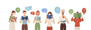 Kitap okuyan bir grup insan. Çizgi filmdeki erkekler ve kadınlar ellerinde bir kitap tutuyorlar. Vektör karakterleri ayarlandı. Kitap severler, öğrenciler, kendi kendini eğitme kutsaması. Kitap festivali afiş şablonu