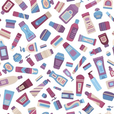 Çizgi film şampuanı, krem, losyon, fırça, parfüm, sabun, nemlendirici, dikişsiz desen. Plastik kozmetik şişesi, şeker kutusu, kap, kavanoz, tüp koleksiyonu. Beyaz, kumaş kapağı üzerindeki vektör düz dokusu