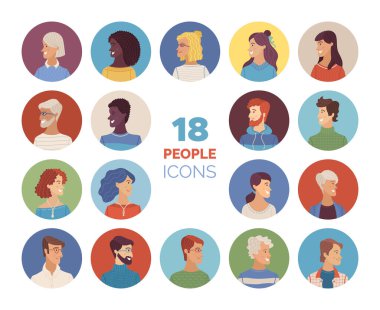 Kadın ve erkek simgeleri ayarlandı. Farklı milletlerin düz vektör yüzleri. Sarışın, esmer, kırmızı ve gri saçlı. Genç, yetişkin ve yaşlı. Hesap, oyun veya forum için vektör karikatür avatarları.