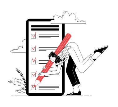 Get things done. Black white of active woman with large red pencil making marks in checkbox of task list on smartphone screen. Time management, effective planning. Balance between life and work idea clipart