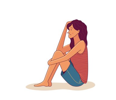 Depresyonda olan genç bir kadın yerde oturuyor. Yalnızlığın karikatür çizimi zihinsel bozukluk psikoterapi konsepti, yalnızlık ve depresyon. Vektör düz kadın karakter.