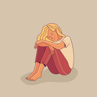 Üzgün genç bir kadın zihinsel bozukluğun, psikoterapi konseptinin, yalnızlığın ve depresyonun bir göstergesi olarak tek başına oturuyor. Düz çizgi film karakteri.